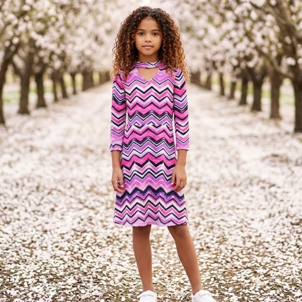 Justice Chevron Stripe Dress Girls 14/16 Pink Black Fit & Flare Jersey Knit XL